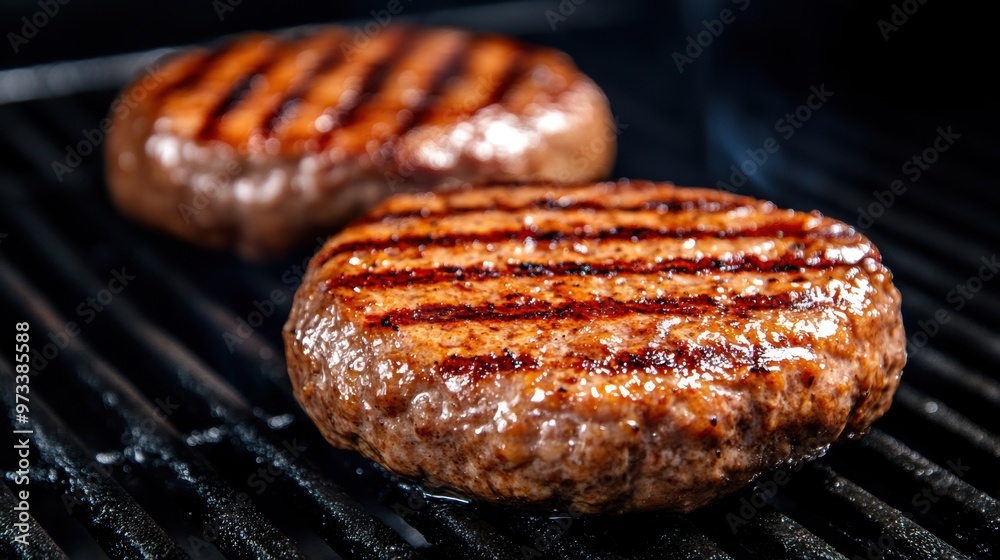 Poster Two hamburgers are cooking on a grill with some sauce, AI