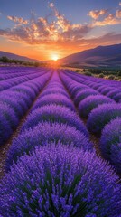 Obraz premium Endless Lavender Fields at Sunset in a Serene Pastoral Landscape