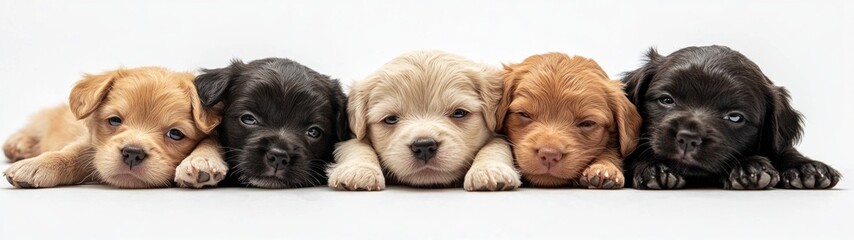 Obraz premium Energetic Puppies at Play, a lively scene showcasing playful puppies frolicking together against a clean white backdrop, capturing their joy and vitality in a delightful moment.