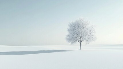 Minimalist winter landscape with a single snow-covered tree standing alone in a vast white field, under a soft, pale sky, capturing the quiet beauty of winter, 4K hyperrealistic photo.