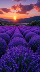 Obraz premium Endless Lavender Fields Stretching Under a Vibrant Sunset Sky