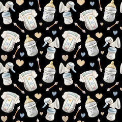 A seamless watercolor pattern featuring essential baby items: disposable diapers, baby bottles, and cotton swabs on a dark background. This charming and practical design is perfect for baby products,