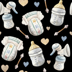 A seamless watercolor pattern featuring essential baby items: disposable diapers, baby bottles, and cotton swabs on a dark background. This charming and practical design is perfect for baby products,