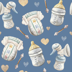A seamless watercolor pattern featuring essential baby items: disposable diapers, baby bottles, and cotton swabs on a dark background. This charming and practical design is perfect for baby products,