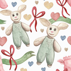 A seamless watercolor pattern featuring adorable bunny plush toys in mint green overalls. This playful and cute design is ideal for children's products.