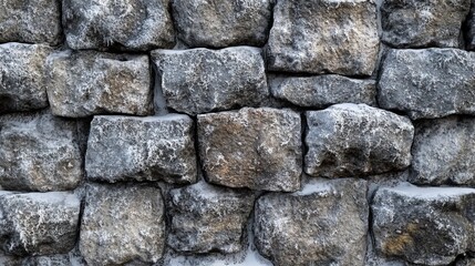 Obraz premium Rough texture of a stone wall covered in frost, with ice crystals forming on the uneven surface. 4K hyperrealistic photo.