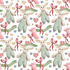 A seamless watercolor pattern featuring adorable bunny plush toys in mint green overalls, surrounded by hearts, bows, and decorative ribbons. This playful and cute design