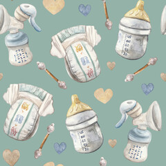 A seamless watercolor pattern featuring essential baby items: disposable diapers, baby bottles, and cotton swabs on a dark background. This charming and practical design is perfect for baby products,