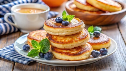 Pancakes with fresh strawberry, blueberry fruit vanilla ice cream scoop whip cream pour delicious sweet dessert on plate wooden table background