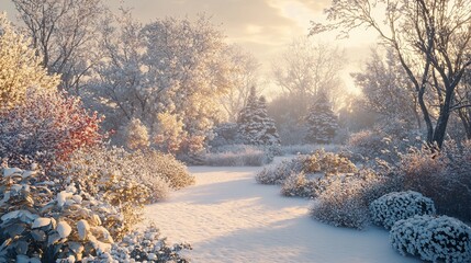 Winter garden with snow-covered plants and frost on the branches, creating a delicate and serene winter scene. 4K hyperrealistic photo.