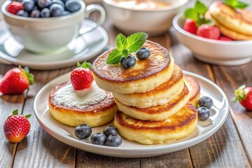 Pancakes with fresh strawberry, blueberry fruit vanilla ice cream scoop whip cream pour delicious sweet dessert on plate wooden table background