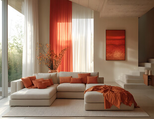 A living room with a white couch and orange pillows