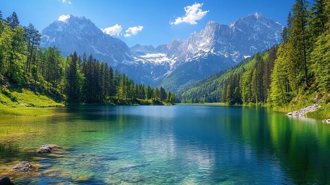 Breathtaking view of Fusine lake with Mangart peak on background. Popular travel destination of Mediterranean sea. Location: Tarvisio comune , spring