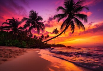 lush palm silhouettes vibrant sunset hues creating stunning tropical landscape, beach, coast, coastline, dusk, evening, horizon, light, ocean, panorama