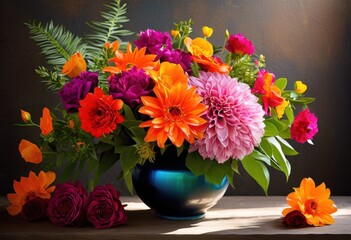 Fototapeta premium vibrant floral arrangements showcasing bright colors minimalist setting clean lines open spaces, flowers, design, decor, blooms, petals, stems, green