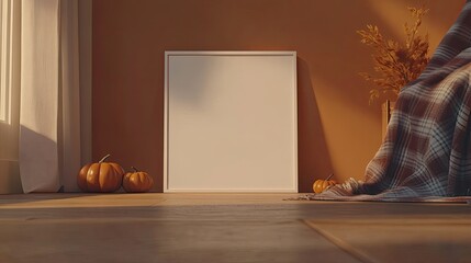 Obraz premium An inviting room showcases an empty picture frame set against warm brown walls, adorned with autumn decorations like pumpkins