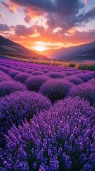 Lavender Fields at Sunset with Majestic Mountain Backdrop