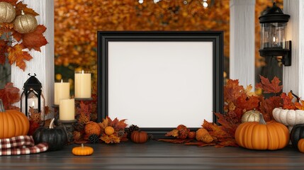 Obraz premium An inviting room showcases an empty picture frame set against warm brown walls, adorned with autumn decorations like pumpkins
