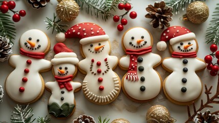 An intricate graphic pattern of decorated sugar cookies in the shapes of reindeer, snowmen, and Santa hats, surrounded by holly leaves and berries on a white background