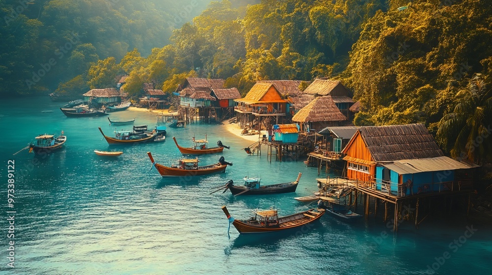 Poster Traditional tropical fishing village with colorful boats and wooden huts nestled along the coastline. 4K hyperrealistic photo.