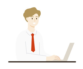 Smiling businessman working with laptop. Happy man character using computer. Business, success, career, lifestyle concept. Flat vector character design illustration isolated on background.