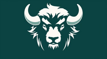 Obraz premium Stylized illustration of a bison head with large horns on a dark green background