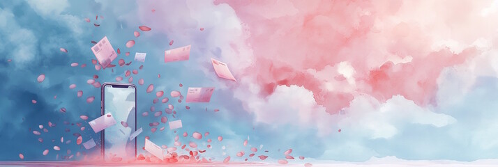 Smartphone with floating letters and petals, surrounded by pink and blue clouds, symbolizing mobile communication and shopping, ideal for Cyber Monday and festive promotions