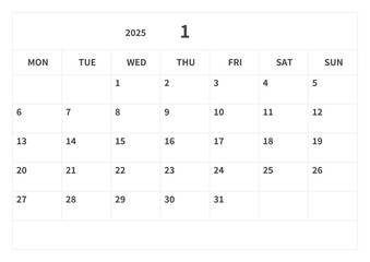 Simple calendar for January 2025, vector, template