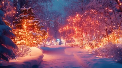 Fototapeta premium Heatmap of a winter landscape with Christmas lights, warm colors showing the brightest displays and cooler tones in the surrounding snow. 4K hyperrealistic photo.