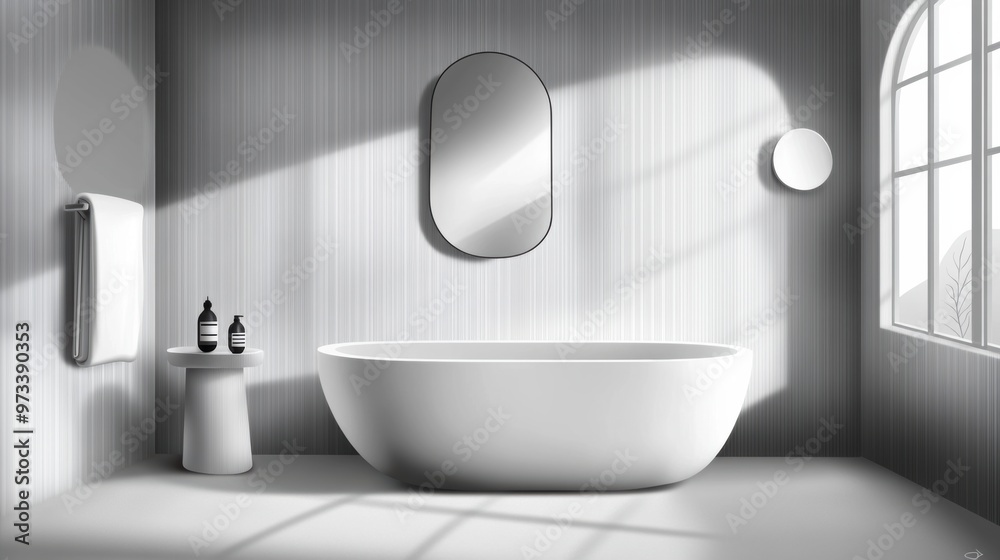 Canvas Prints A white bathtub sitting in a room with windows and mirrors, AI