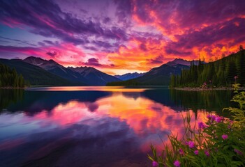 vibrant sunset over tranquil mountain lake reflecting colorful skies surrounding nature, adventure, ambiance, beauty, blue, calm, calmwater, colorfulsky