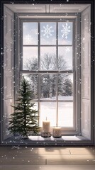 Obraz premium A large vertical frame sits against a wall in a cozy living room. Outside, snowflakes fall gently, with a candle and small tree on the windowsill