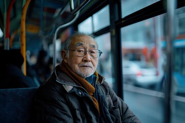 Fototapeta premium An elderly man gazes thoughtfully out the window on a bus during a rainy day in an urban setting