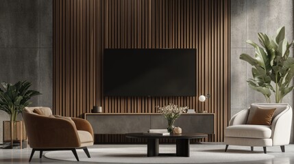 Modern Living Room Interior with Television on Cabinet and Stylish Furniture in Decorated Space