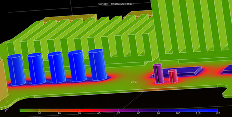 Computer 3d modeling of temperature distribution 
on surface of group 
of capacitors of printed circuit
board of an electronic device. Thermal analysis.
Cad design.