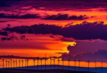 stunning wind turbines silhouetted vibrant sunset sky rich orange purple hues, landscape, nature, evening, horizon, scenic, clouds, dramatic, technology