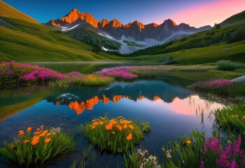 stunning vibrant sunrise illuminating peaceful mountain landscape lush greenery clear sky, clouds, nature, scenery, horizon, light, view, scenic, beautiful