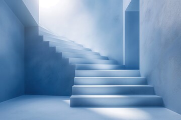 Obraz premium A serene blue staircase ascends into a misty sky, evoking a calm atmosphere in a minimalist architectural space