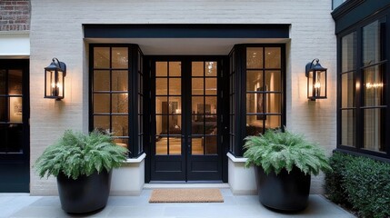 The front porch showcases a modern farmhouse style with a sleek black door, lush ferns in elegant planters, and inviting outdoor lights against a bright white wall