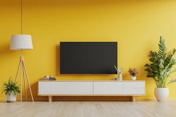 Modern Living Room Interior with TV Cabinet, Lamp, Table, Flower and Plant on Yellow Wall Background