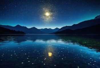 enchanting moonlit landscape featuring shimmering reflections tranquil waters under starry night sky, moonlight, stars, beauty, nature, illumination
