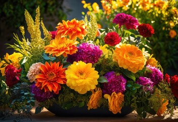 vibrant flower arrangements bathed sunlight showcasing spectrum colors textures, petal, bloom, garden, floral, beauty, design, decoration, spring, summer