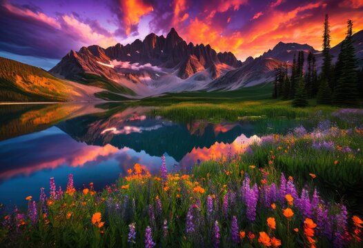 expansive landscape featuring lush greenery majestic mountains beneath colorful evening skies striking hues purple, scenery, sunset, horizon, clouds