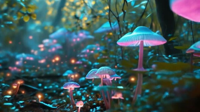 neon lights mushrooms in the forest
