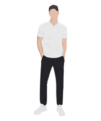 Vector illustration on a white background. A man in a white t-shirt and black pants. Minimalist style.