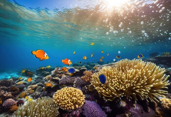 Naklejka premium vibrant coral reef ecosystem filled colorful marine life diverse sea creatures lively underwater environment, fish, anemone, seaweed, ocean, biodiversity
