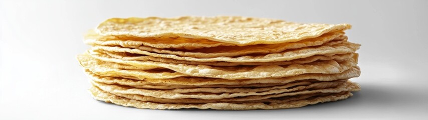 Tortillas on Display, a full-body portrait showcasing freshly made tortillas stacked neatly against a clean white background, highlighting their texture and warmth.