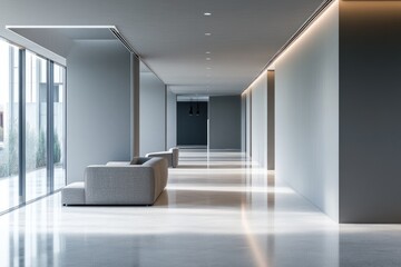 Modern Open Office Space with Grey Lounge Area and Yellow Accents