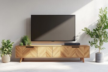 Modern Living Room Interior with TV Cabinet, Bookshelf, and Vintage Decor