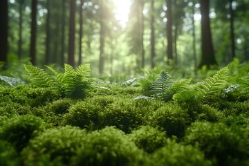 Close-up of moss and ferns in a dense forest